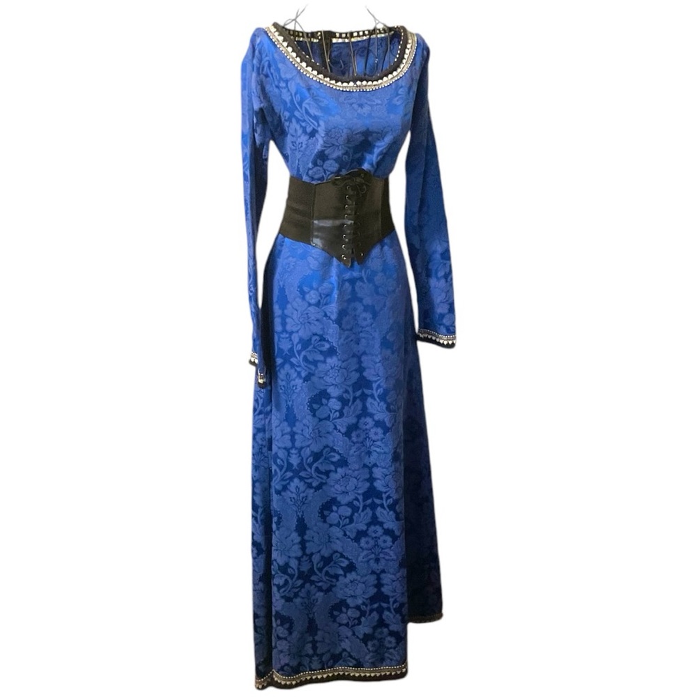 💙 Vtg Blue Brocade Victorian Maxi Gown Gown | S